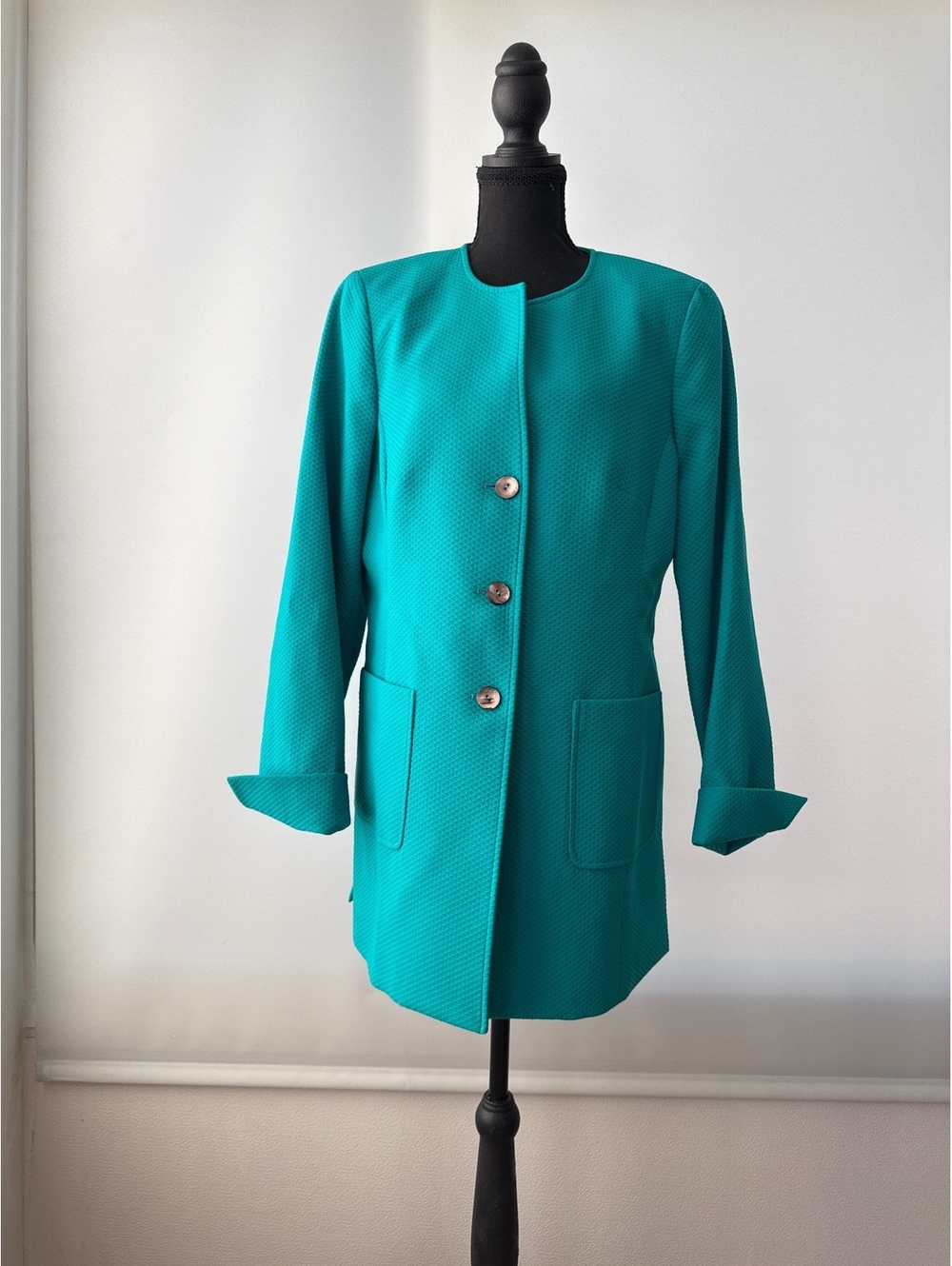 Nina McLemore Turquoise Teal Textured Long Blazer Jacket Size 10 USA